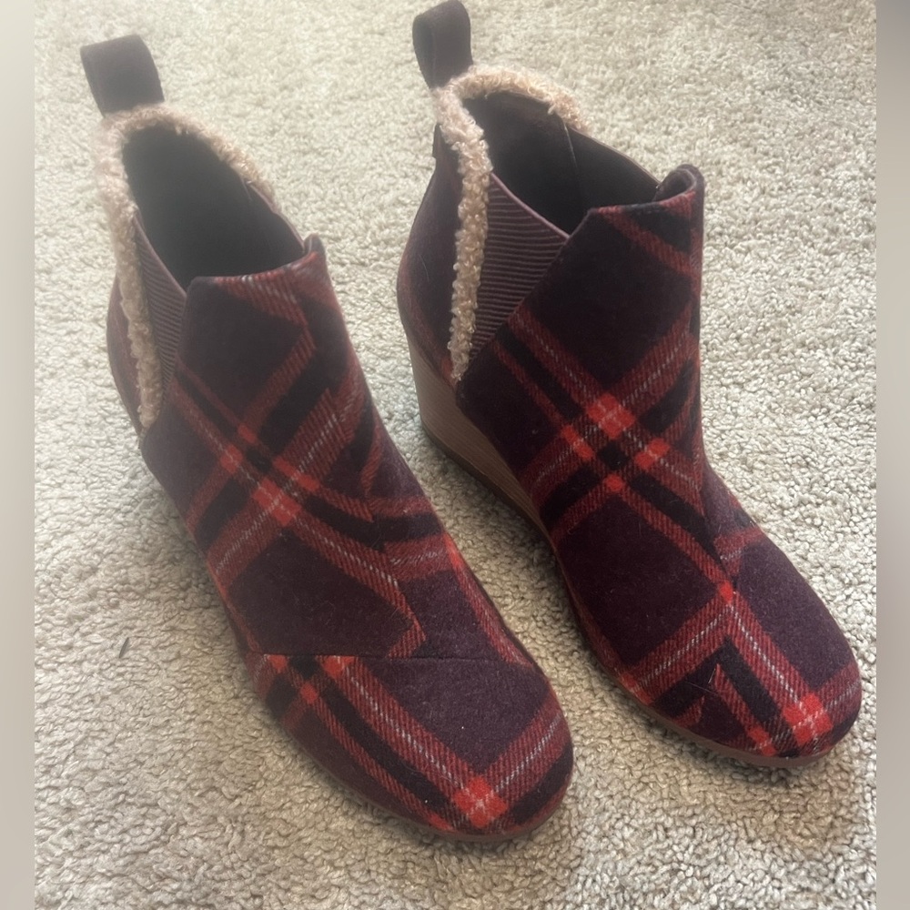 Toms Red and Black Plaid Ankle Boots with Faux Fur